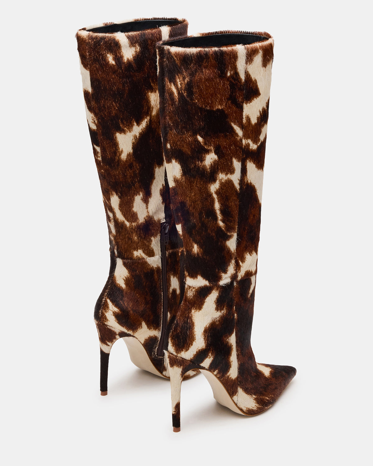 Steve Madden NITRO Brown Cow Print Pointed-Toe Stiletto Heel Knee-High Women's Boots