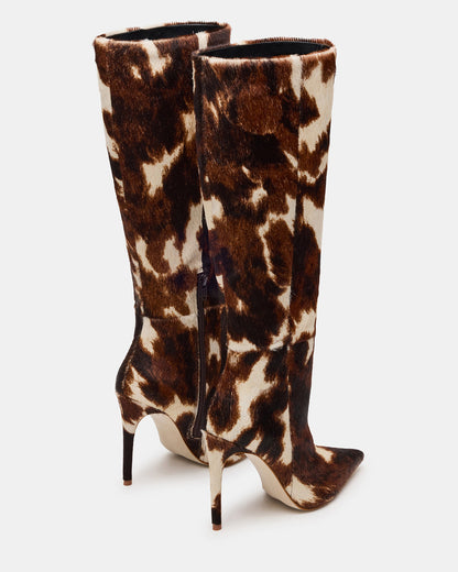 Steve Madden NITRO Brown Cow Print Pointed-Toe Stiletto Heel Knee-High Women's Boots