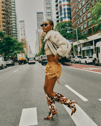 Steve Madden NITRO Brown Cow Print Pointed-Toe Stiletto Heel Knee-High Women's Boots