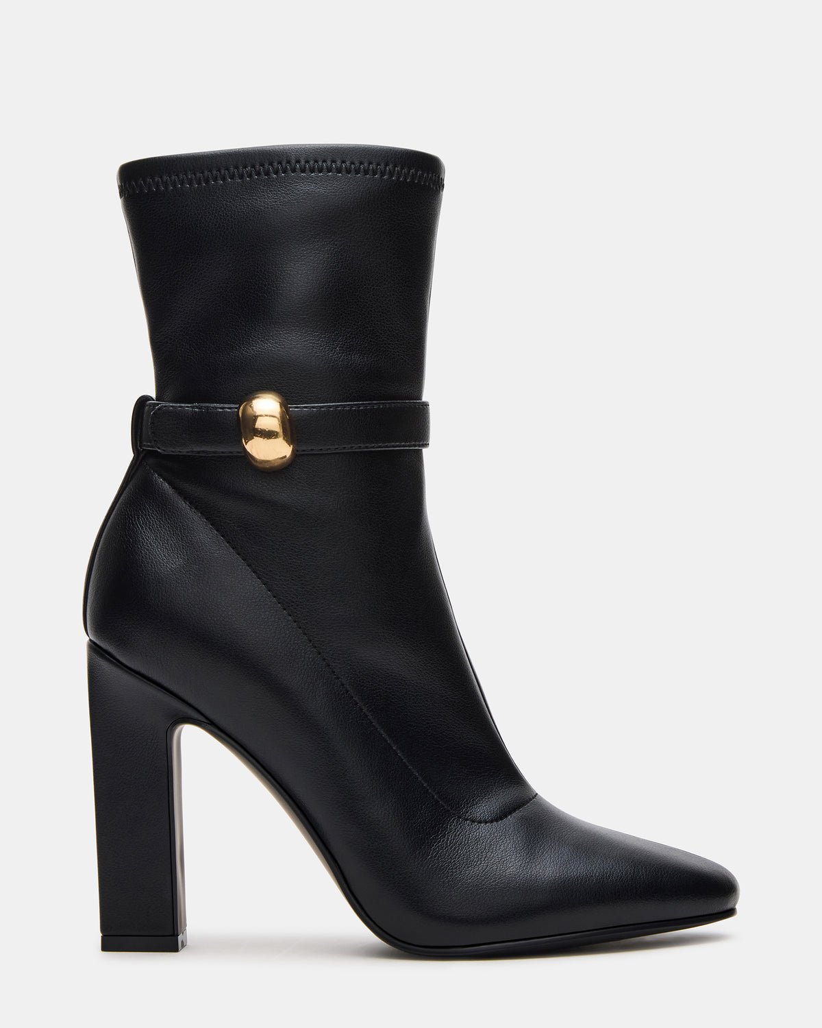 Steve Madden AROMA Black Buckle Gold Detail Block Heel Women's Ankle Boot