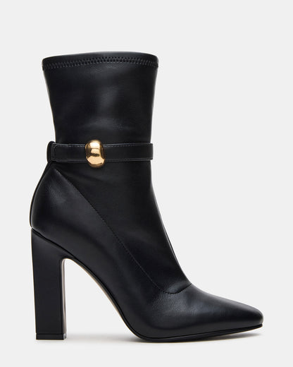 Steve Madden AROMA Black Buckle Gold Detail Block Heel Women's Ankle Boot