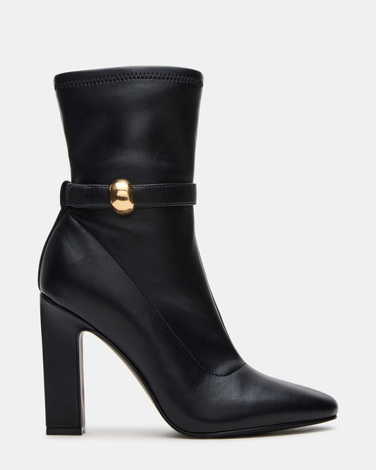 Steve Madden AROMA Black Buckle Gold Detail Block Heel Women's Ankle Boot