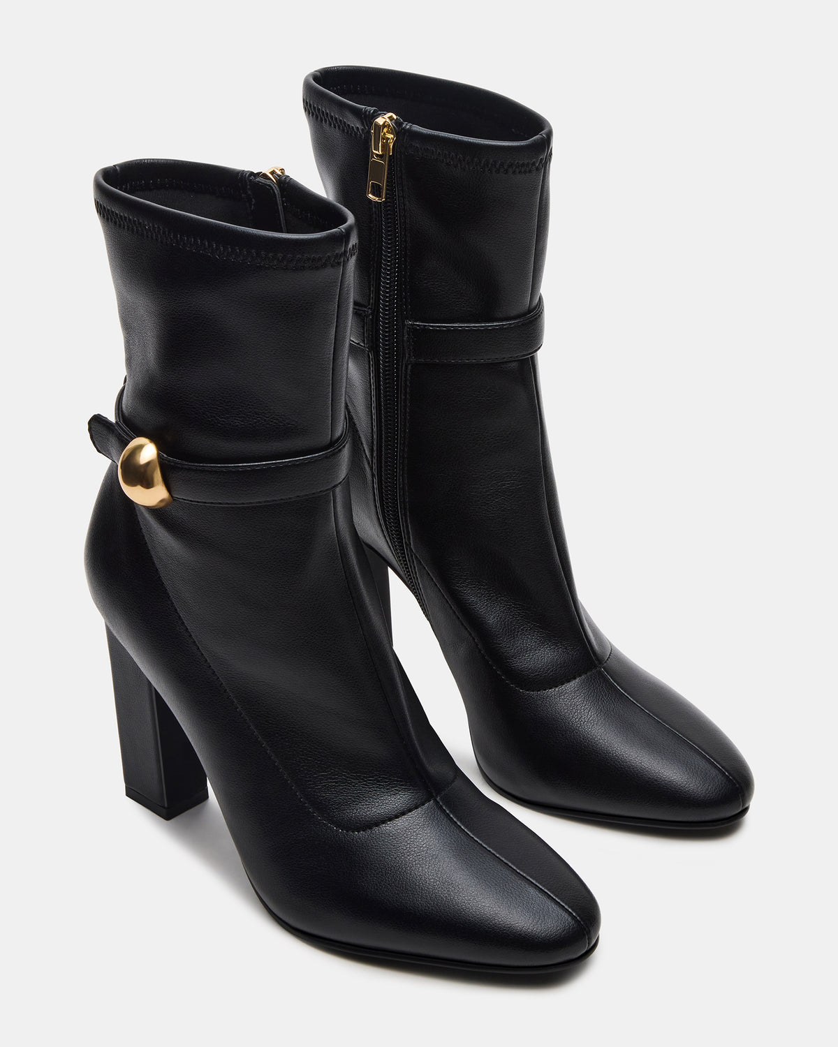 Steve Madden AROMA Black Buckle Gold Detail Block Heel Women's Ankle Boot