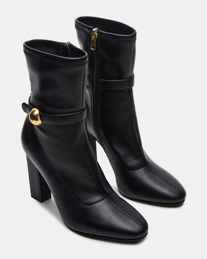 Steve Madden AROMA Black Buckle Gold Detail Block Heel Women's Ankle Boot