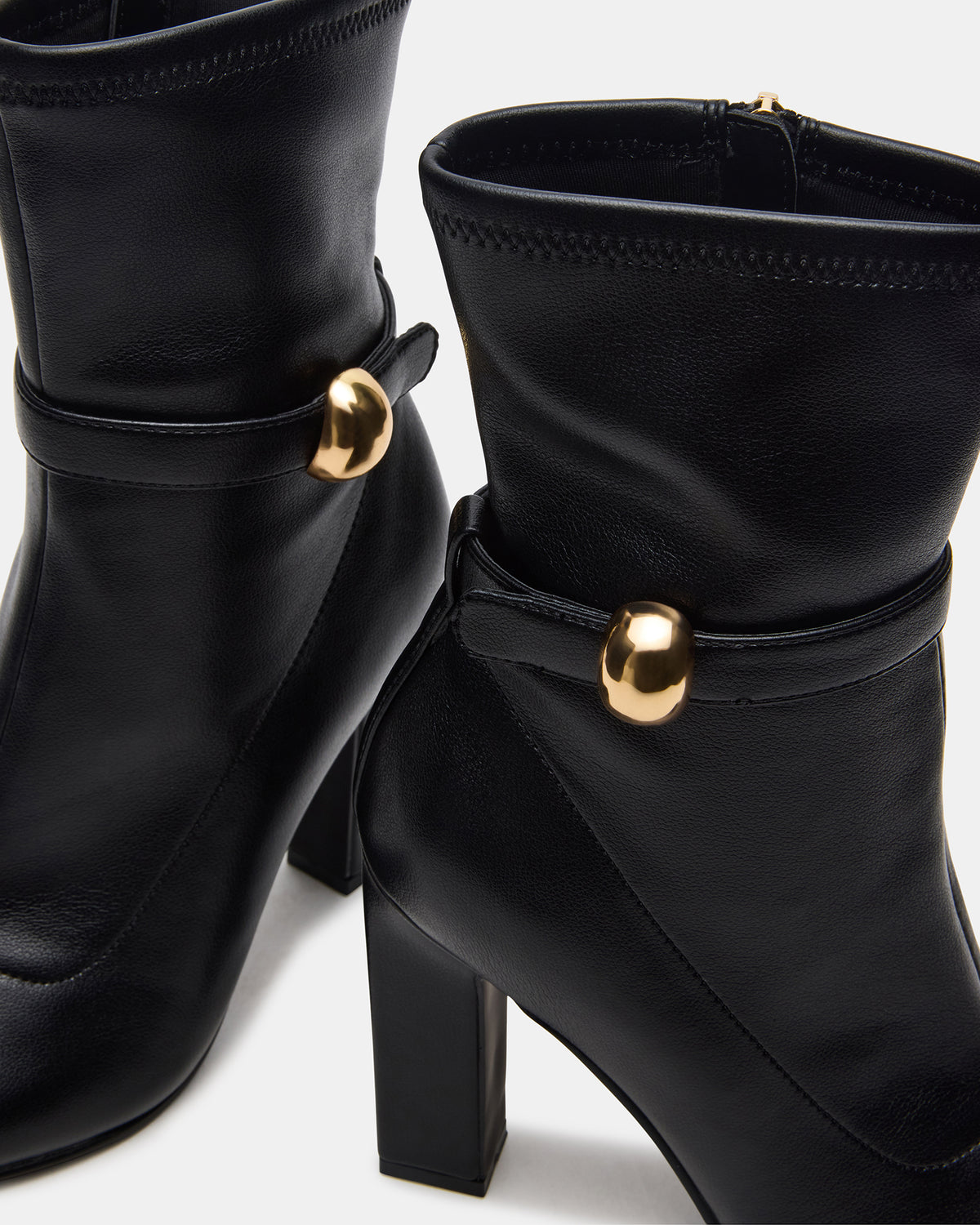 Steve Madden AROMA Black Buckle Gold Detail Block Heel Women's Ankle Boot