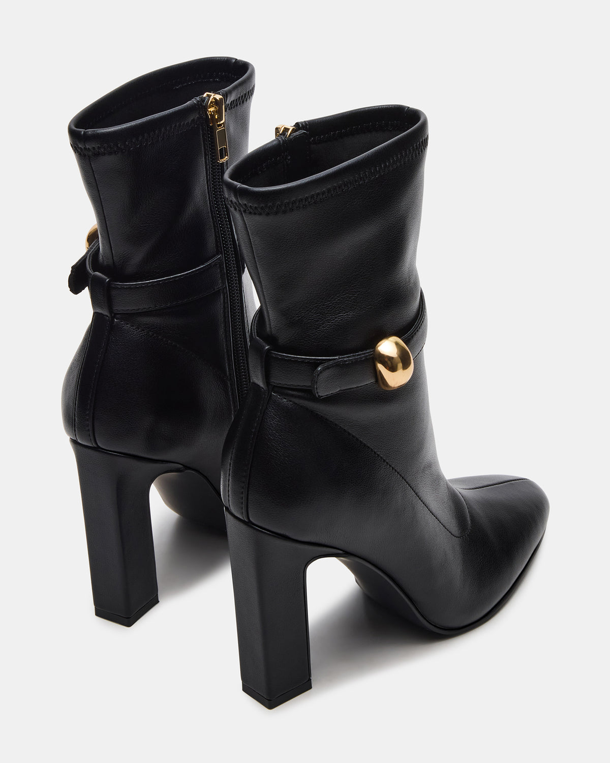 Steve Madden AROMA Black Buckle Gold Detail Block Heel Women's Ankle Boot