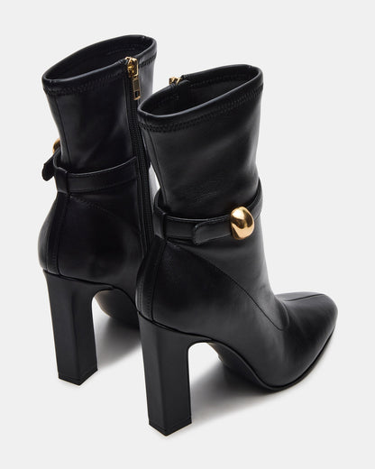 Steve Madden AROMA Black Buckle Gold Detail Block Heel Women's Ankle Boot