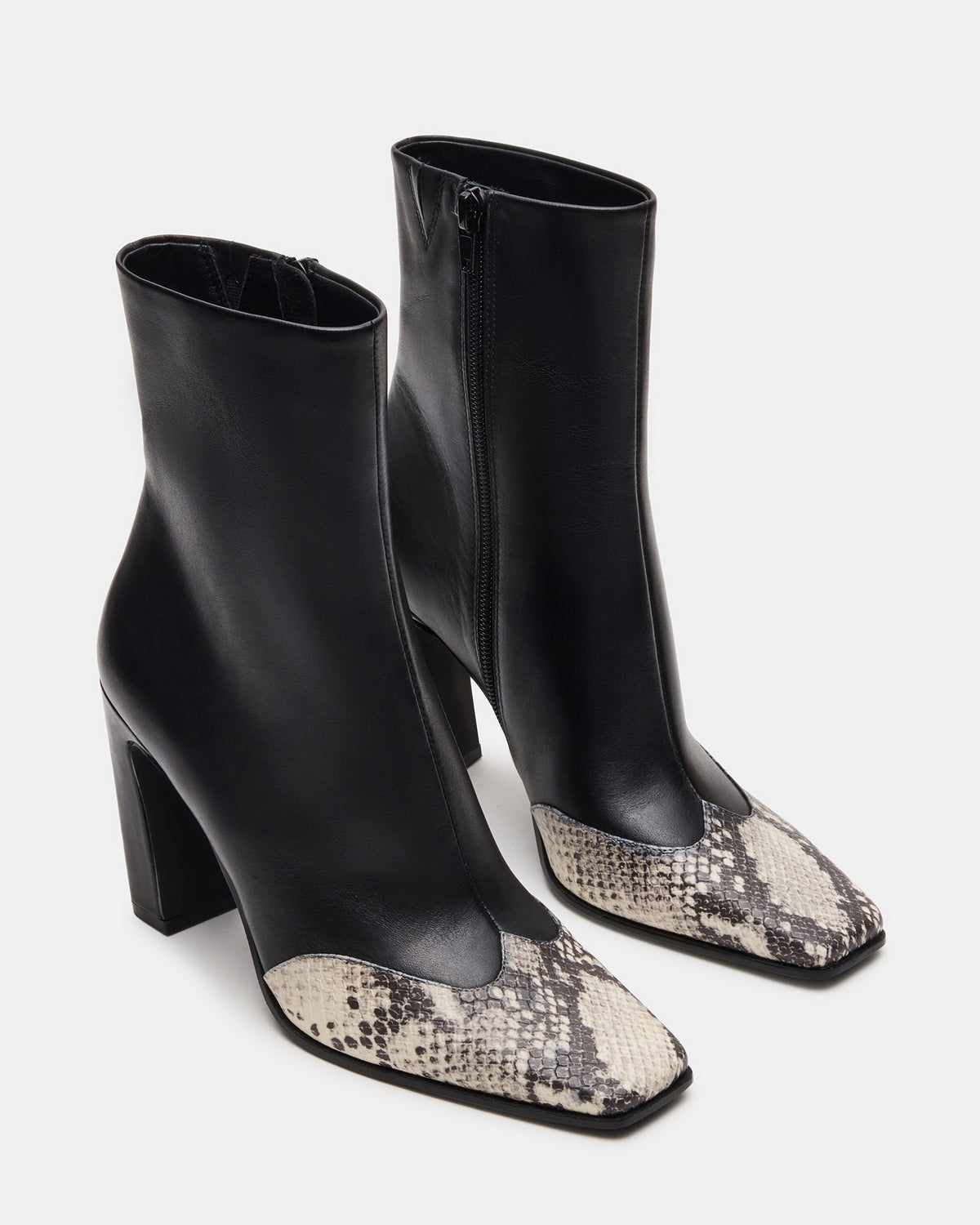 Steve Madden LYLE Black Leather with Snake Square-Toe Heeled Women's Ankle Boot
