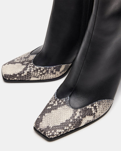 Steve Madden LYLE Black Leather with Snake Square-Toe Heeled Women's Ankle Boot