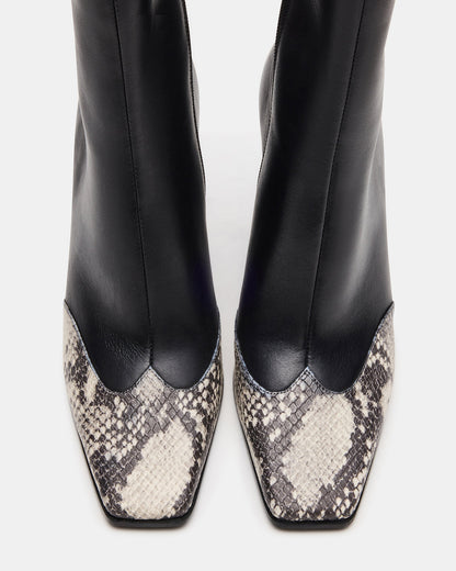 Steve Madden LYLE Black Leather with Snake Square-Toe Heeled Women's Ankle Boot