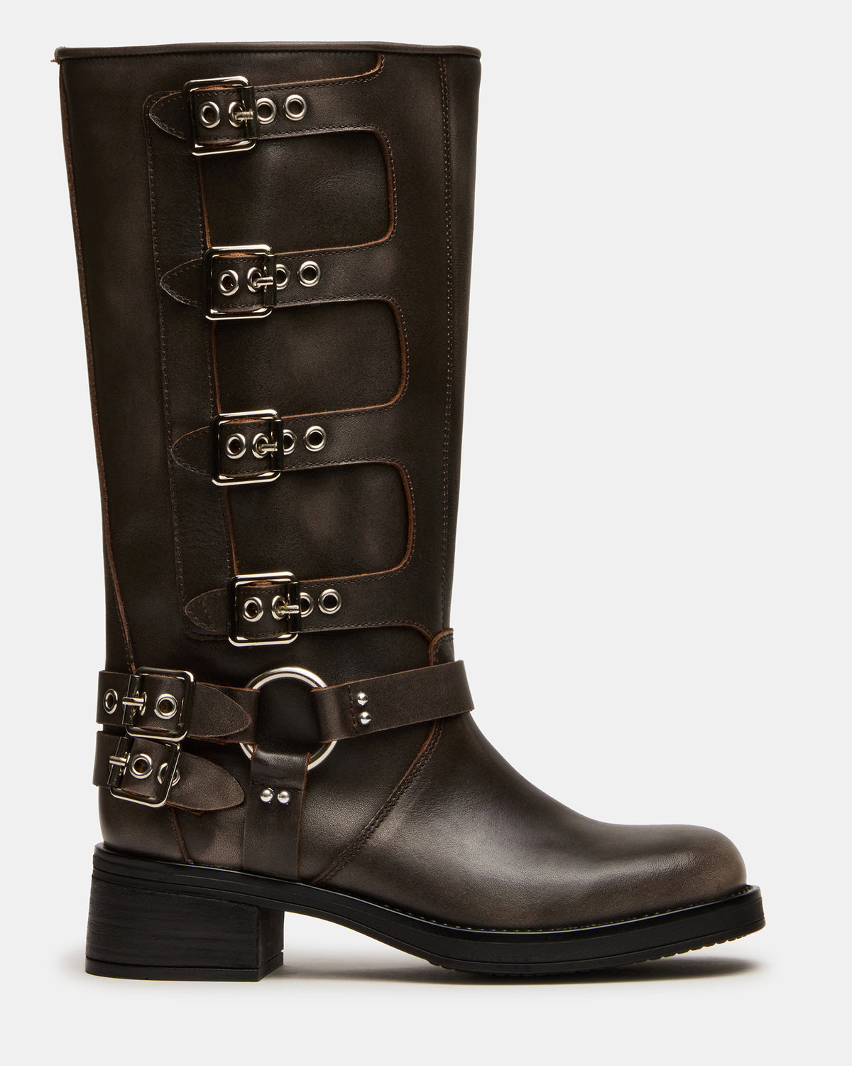 Steve Madden ROCKY Brown Distressed Wide Calf Knee-High Moto Women's Boot