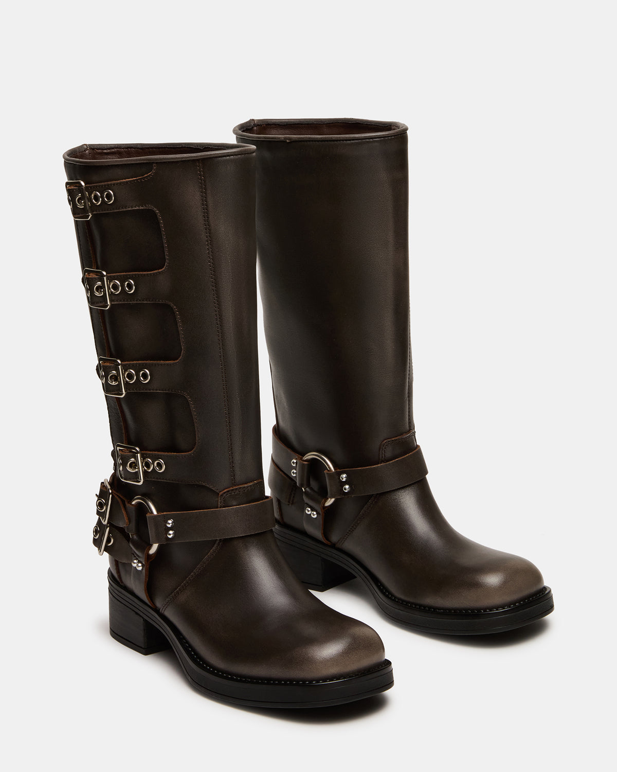 Steve Madden ROCKY Brown Distressed Wide Calf Knee-High Moto Women's Boot