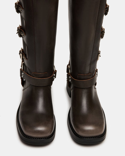 Steve Madden ROCKY Brown Distressed Wide Calf Knee-High Moto Women's Boot