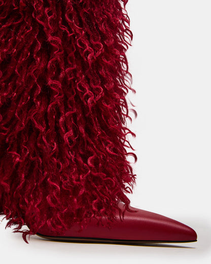 Steve Madden ICON Red Pointed-Toe Faux Fur Knee-High Stiletto Heel Women's Boot