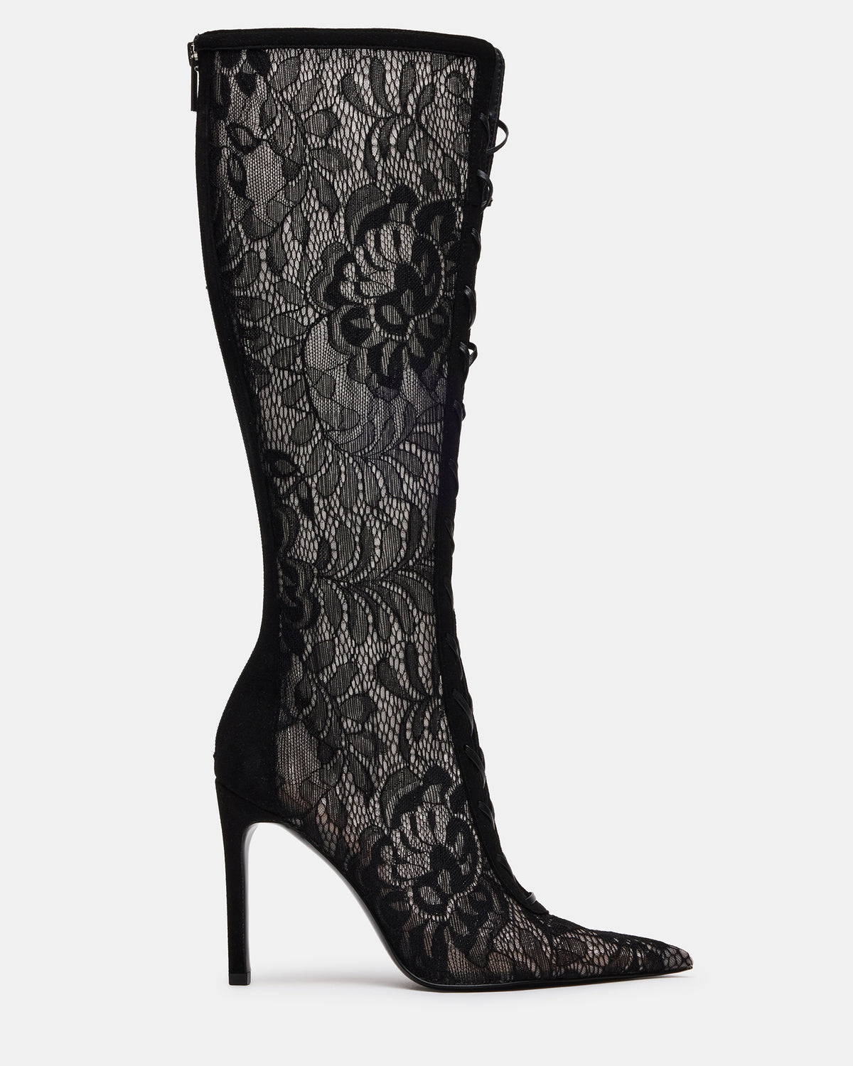 Steve Madden MAXINE Black Lace Pointed-Toe Knee-High Lace-Up Stiletto Women's Boot