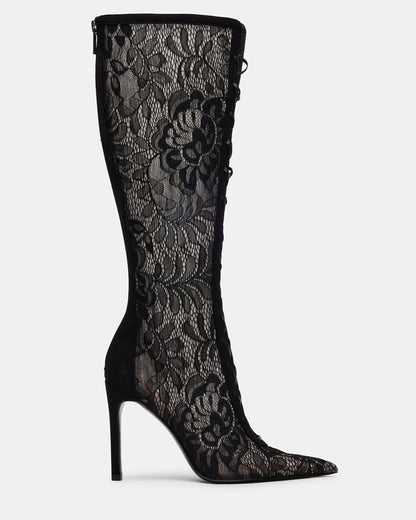 Steve Madden MAXINE Black Lace Pointed-Toe Knee-High Lace-Up Stiletto Women's Boot