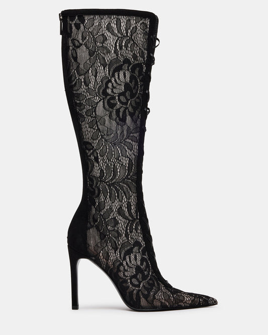 Steve Madden MAXINE Black Lace Pointed-Toe Knee-High Lace-Up Stiletto Women's Boot