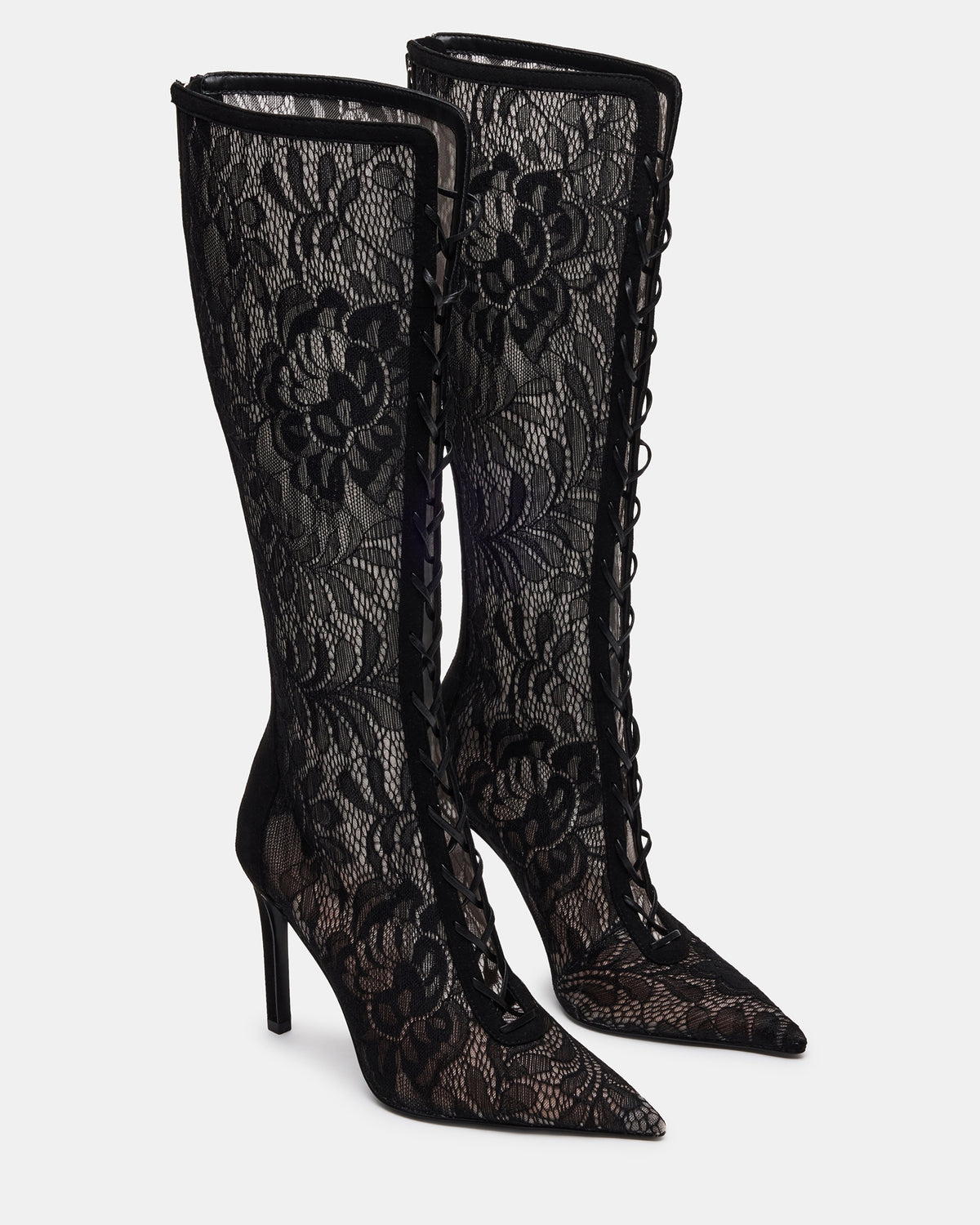 Steve Madden MAXINE Black Lace Pointed-Toe Knee-High Lace-Up Stiletto Women's Boot
