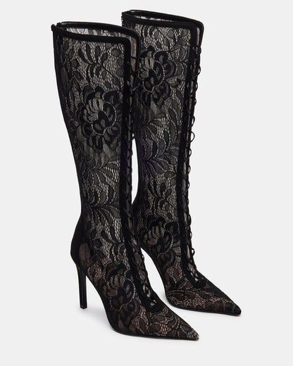 Steve Madden MAXINE Black Lace Pointed-Toe Knee-High Lace-Up Stiletto Women's Boot