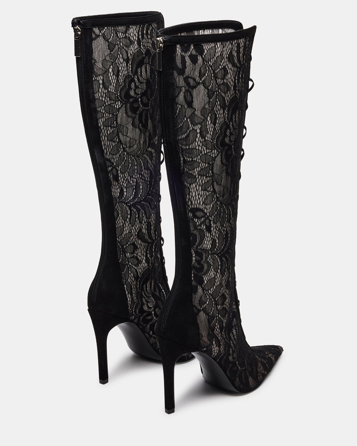 Steve Madden MAXINE Black Lace Pointed-Toe Knee-High Lace-Up Stiletto Women's Boot