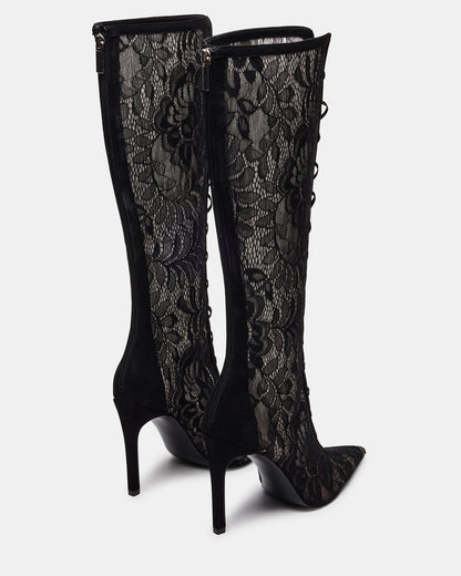 Steve Madden MAXINE Black Lace Pointed-Toe Knee-High Lace-Up Stiletto Women's Boot