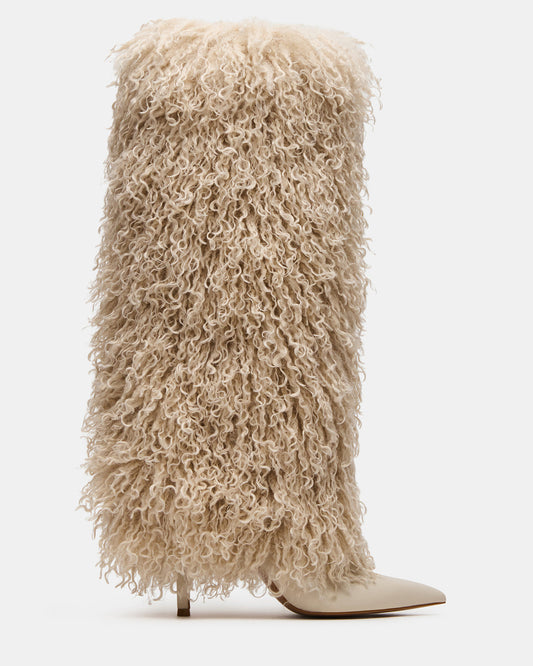 Steve Madden ICON Off-White Pointed-Toe Faux Fur Knee-High Stiletto Heel Women's Boot