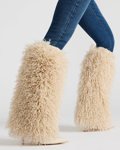 Steve Madden ICON Off-White Pointed-Toe Faux Fur Knee-High Stiletto Heel Women's Boot