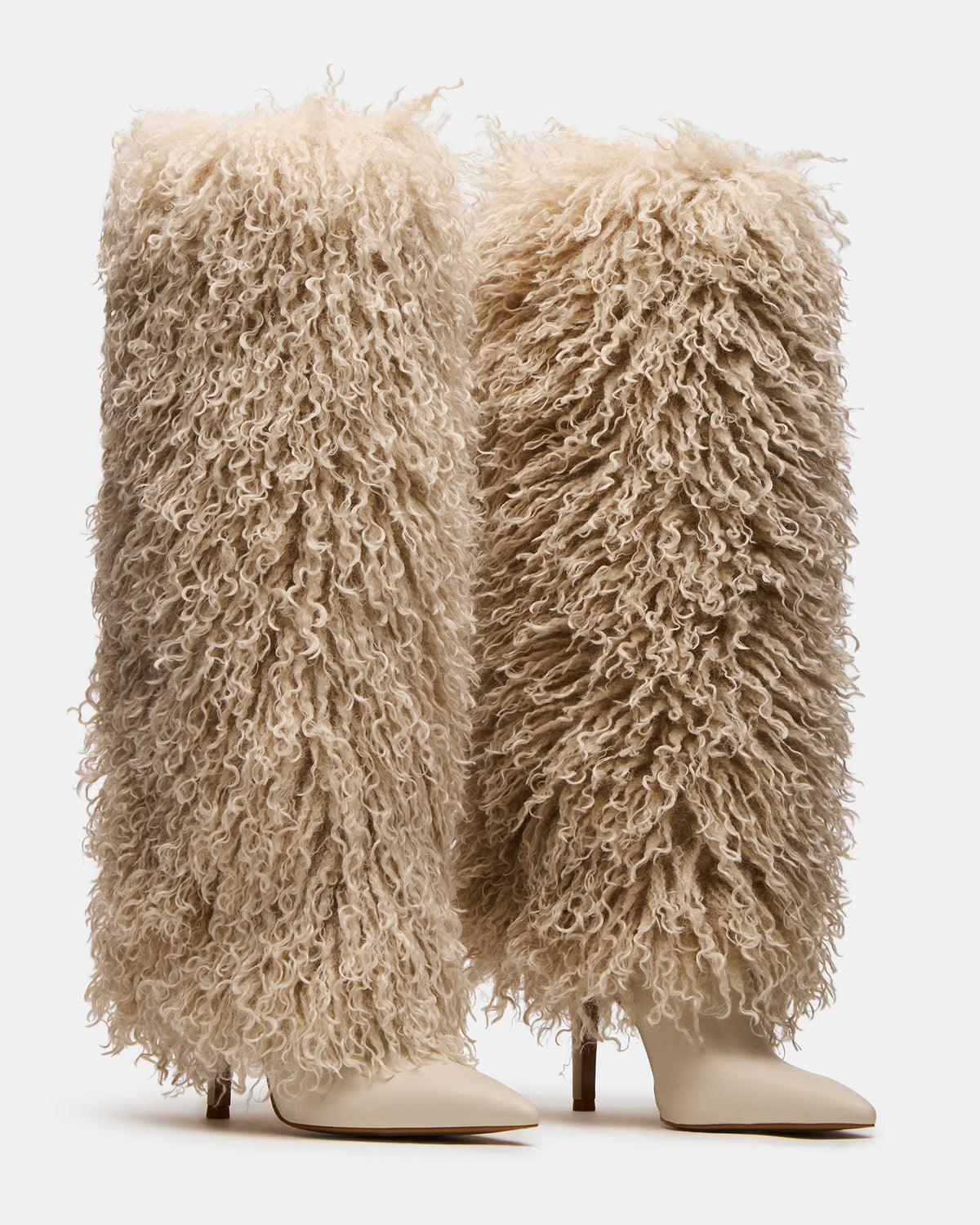 Steve Madden ICON Off-White Pointed-Toe Faux Fur Knee-High Stiletto Heel Women's Boot