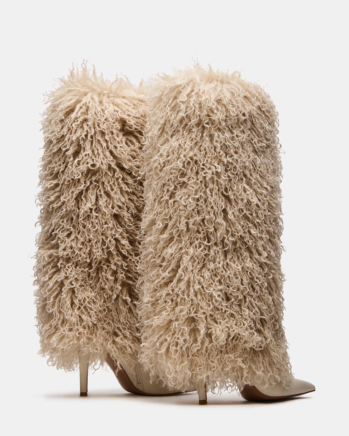 Steve Madden ICON Off-White Pointed-Toe Faux Fur Knee-High Stiletto Heel Women's Boot
