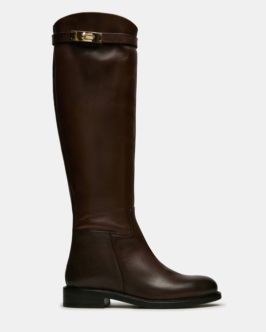 Steve Madden BEXLEY Brown Leather Knee-High Round-Toe Buckle Women's Boot