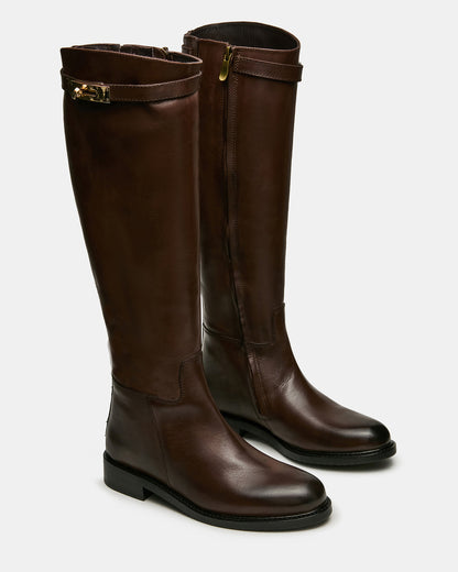 Steve Madden BEXLEY Brown Leather Knee-High Round-Toe Buckle Women's Boot