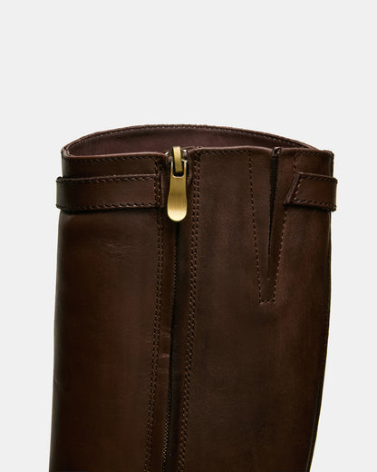 Steve Madden BEXLEY Brown Leather Knee-High Round-Toe Buckle Women's Boot