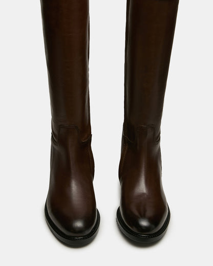 Steve Madden BEXLEY Brown Leather Knee-High Round-Toe Buckle Women's Boot