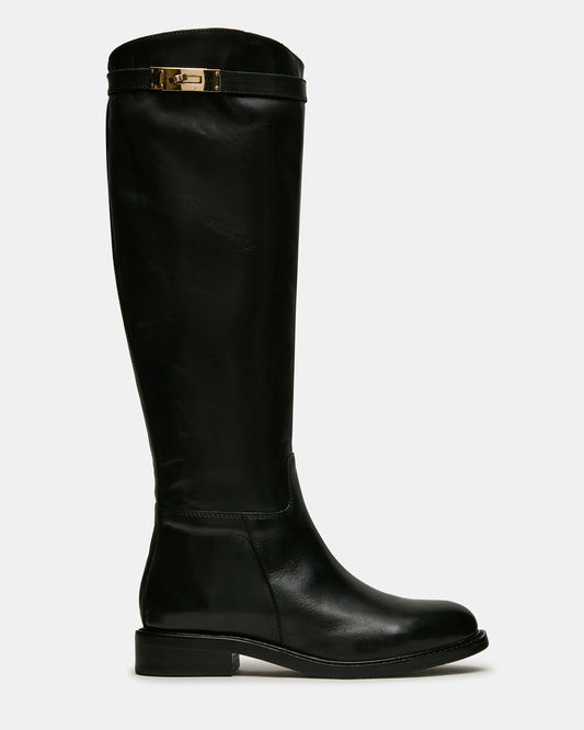Steve Madden BEXLEY Black Leather Knee-High Round-Toe Buckle Women's Boot