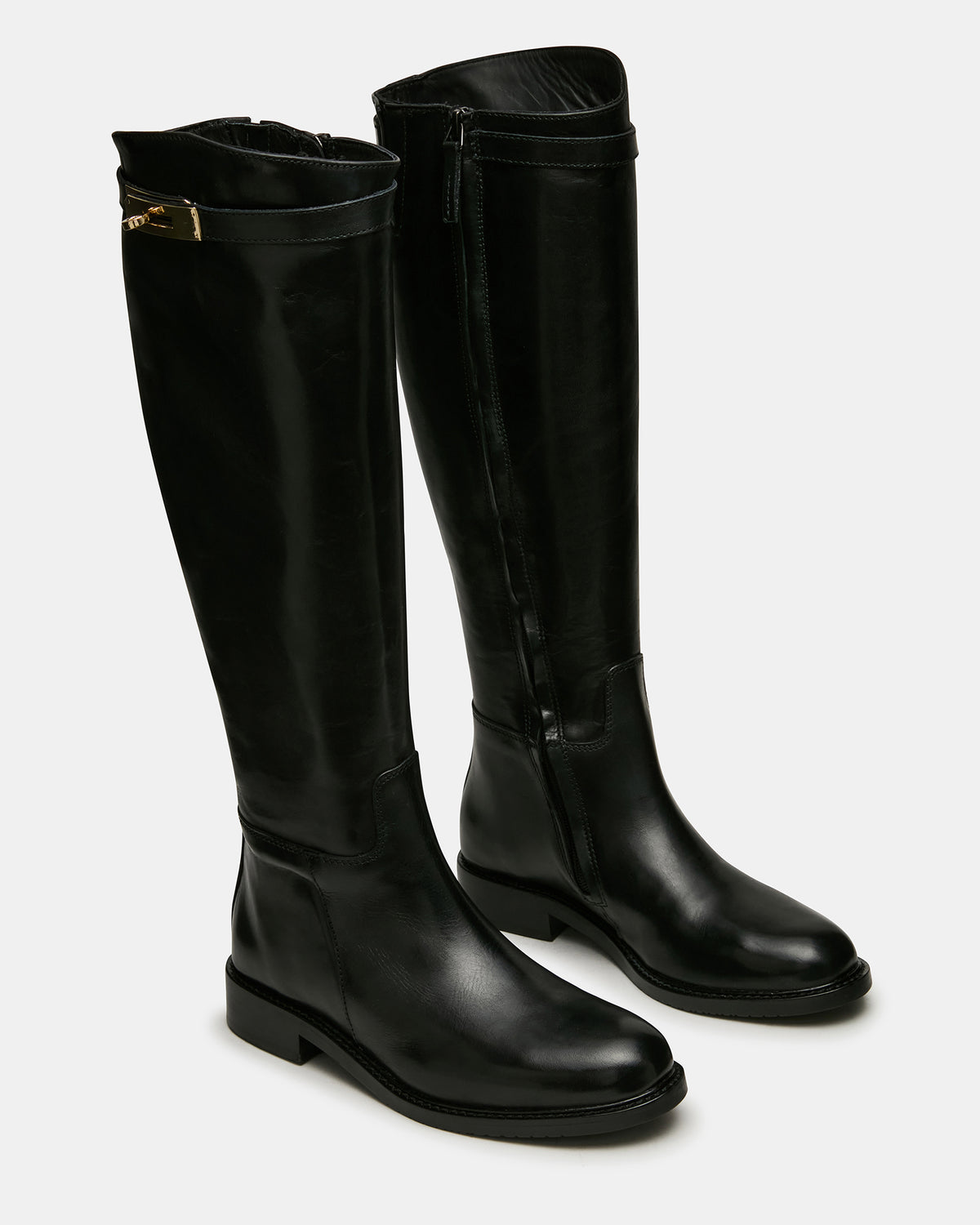 Steve Madden BEXLEY Black Leather Knee-High Round-Toe Buckle Women's Boot