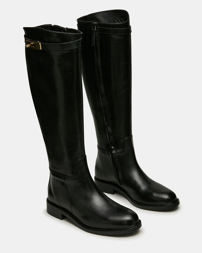 Steve Madden BEXLEY Black Leather Knee-High Round-Toe Buckle Women's Boot