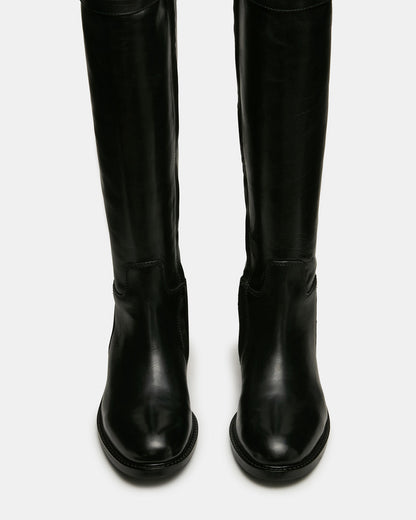 Steve Madden BEXLEY Black Leather Knee-High Round-Toe Buckle Women's Boot