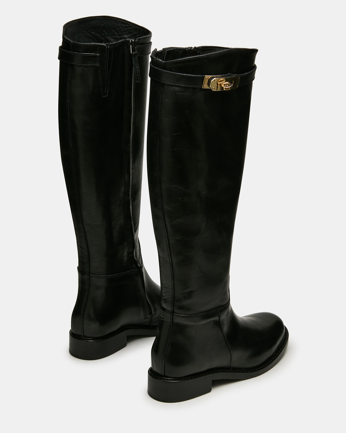 Steve Madden BEXLEY Black Leather Knee-High Round-Toe Buckle Women's Boot