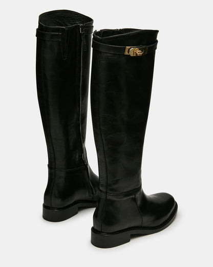 Steve Madden BEXLEY Black Leather Knee-High Round-Toe Buckle Women's Boot