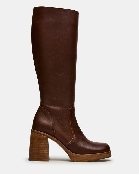 Steve Madden FOLIE Rust Leather Square-Toe Block Heel Knee-High Women's Boot