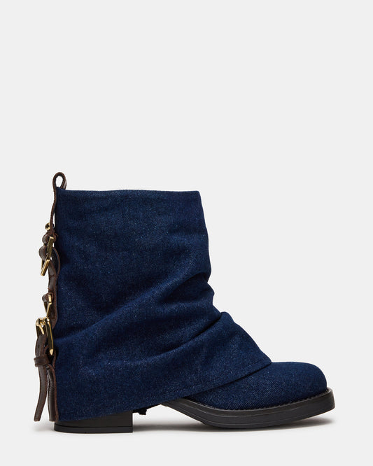 Steve Madden BENJI Denim Fabric Cuffed Fold-Over Moto Buckle Women's Ankle Boot