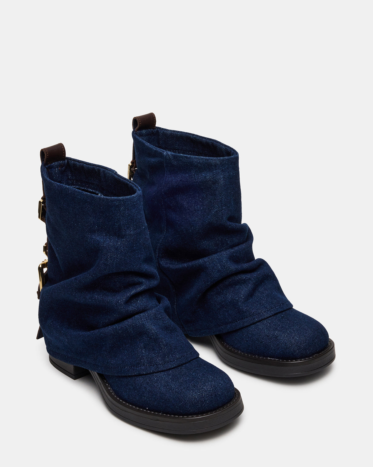 Steve Madden BENJI Denim Fabric Cuffed Fold-Over Moto Buckle Women's Ankle Boot