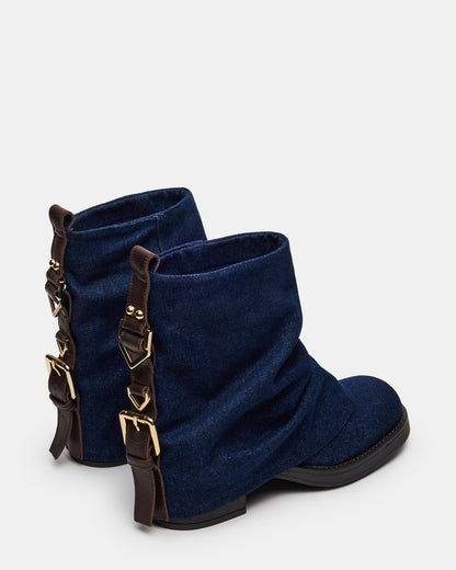 Steve Madden BENJI Denim Fabric Cuffed Fold-Over Moto Buckle Women's Ankle Boot