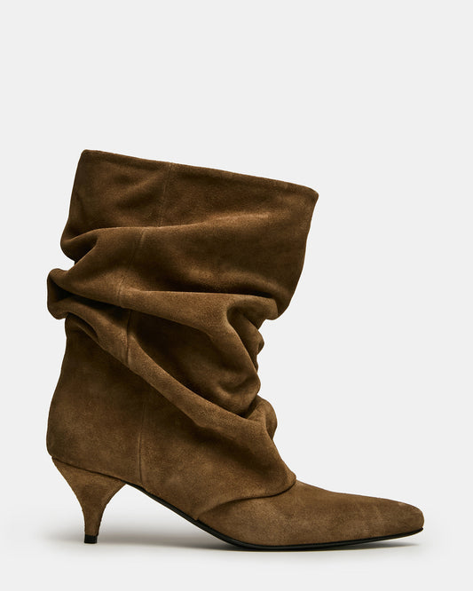 Steve Madden LEXEN Taupe Suede Pointed-Toe Fold-Over Scrunched Women's Ankle Boot