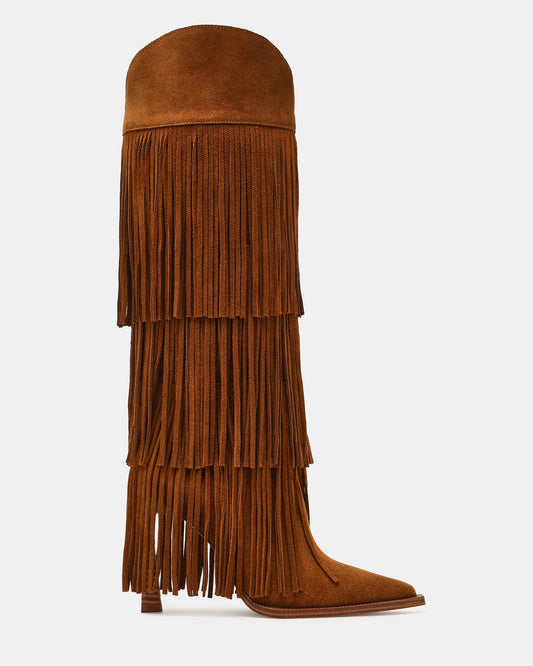 Steve Madden KINZEE Fringe Chestnut Suede Pointed-Toe Knee-High Western Stiletto Women's Boot