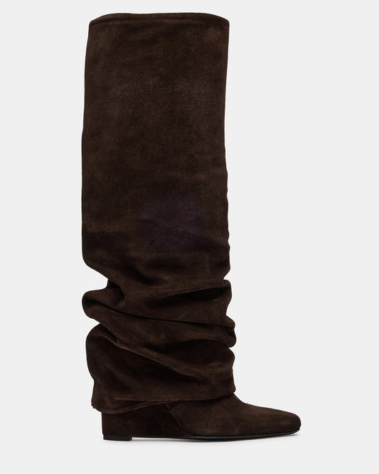 Steve Madden MONTANA Brown Suede Knee-High Square-Toe Wedge Fold-Over Women's Boot