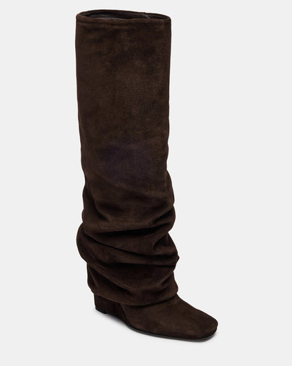 Steve Madden MONTANA Brown Suede Knee-High Square-Toe Wedge Fold-Over Women's Boot