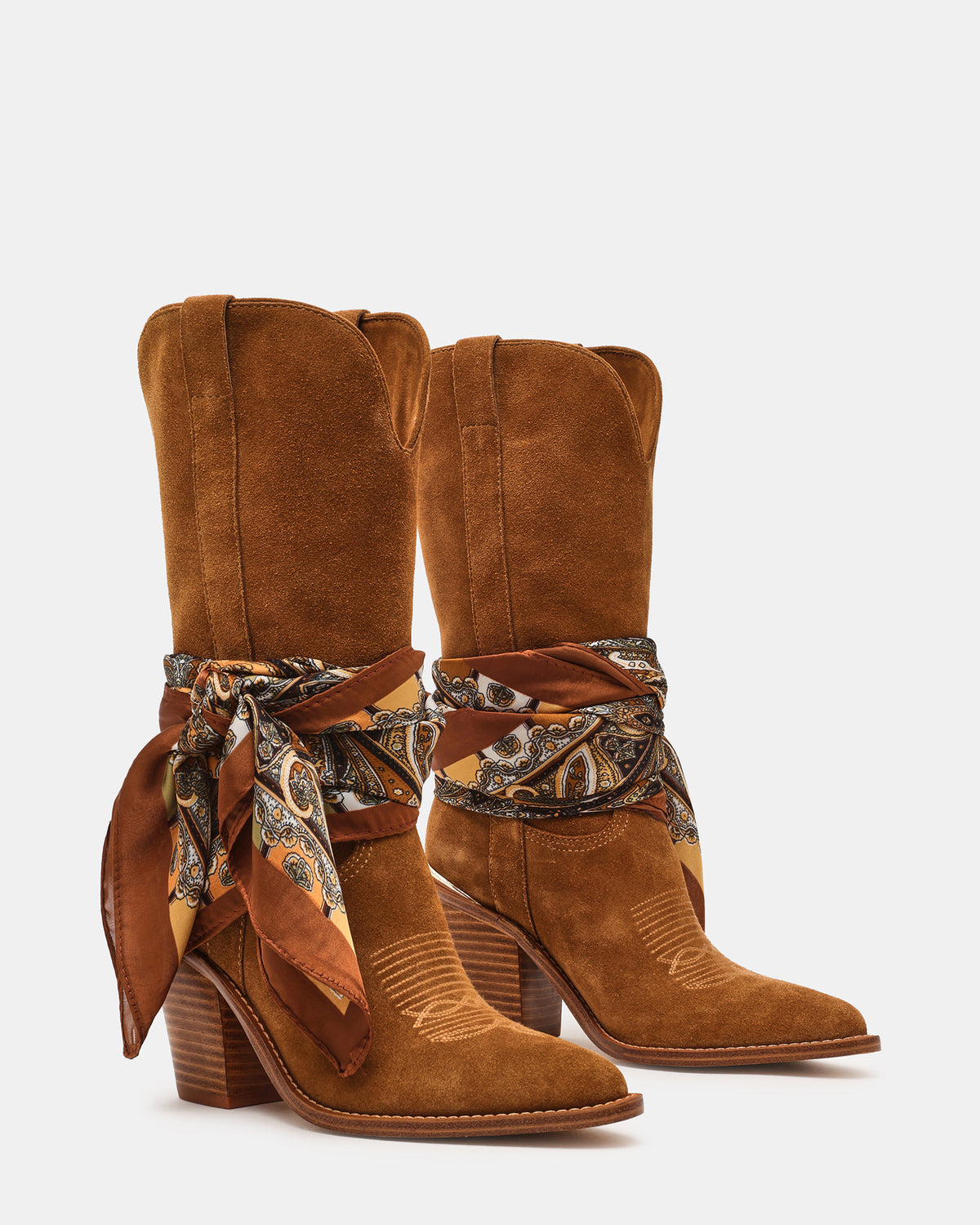Steve Madden SALLY SCARF Chestnut Suede Pointed-Toe Western Block Heel Women's Boot