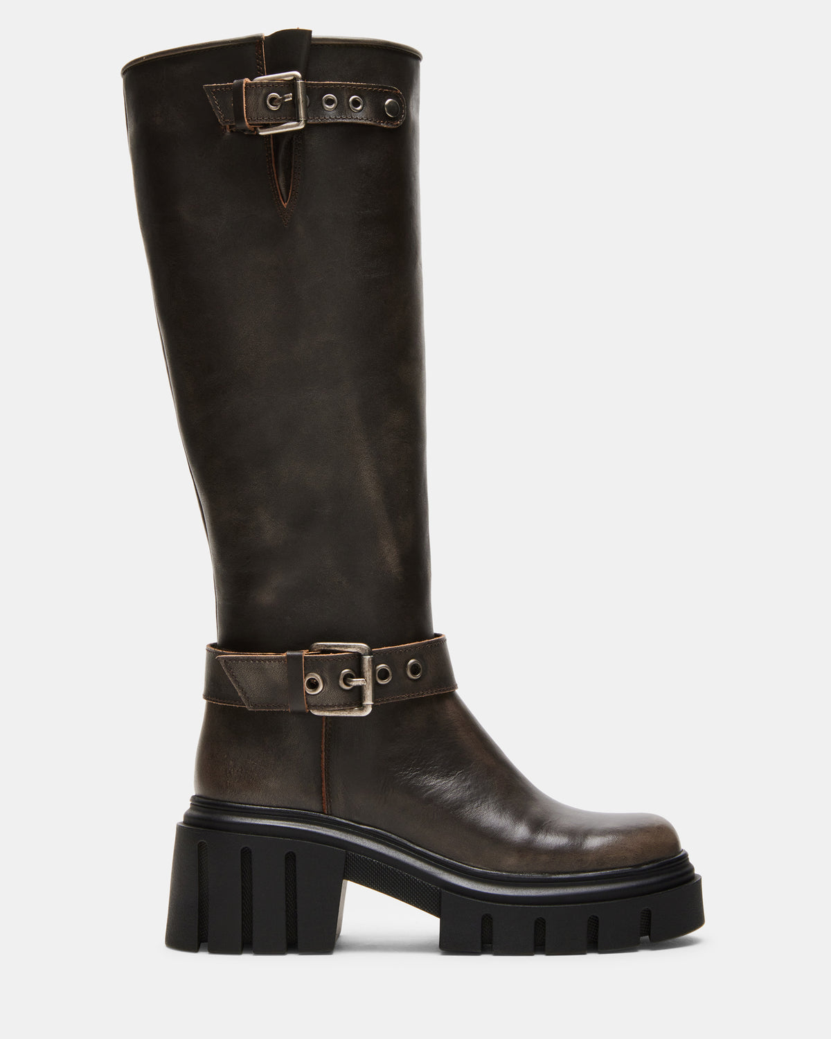 Steve Madden BRIGADE Brown Distressed Women's Knee-High Moto Lug Boot