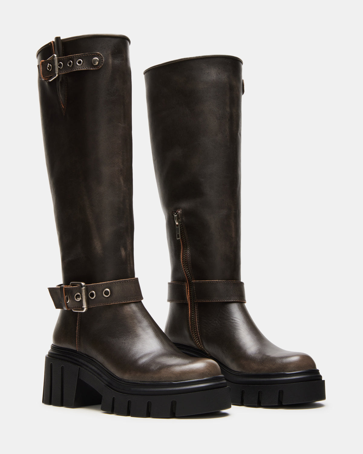 Steve Madden BRIGADE Brown Distressed Women's Knee-High Moto Lug Boot